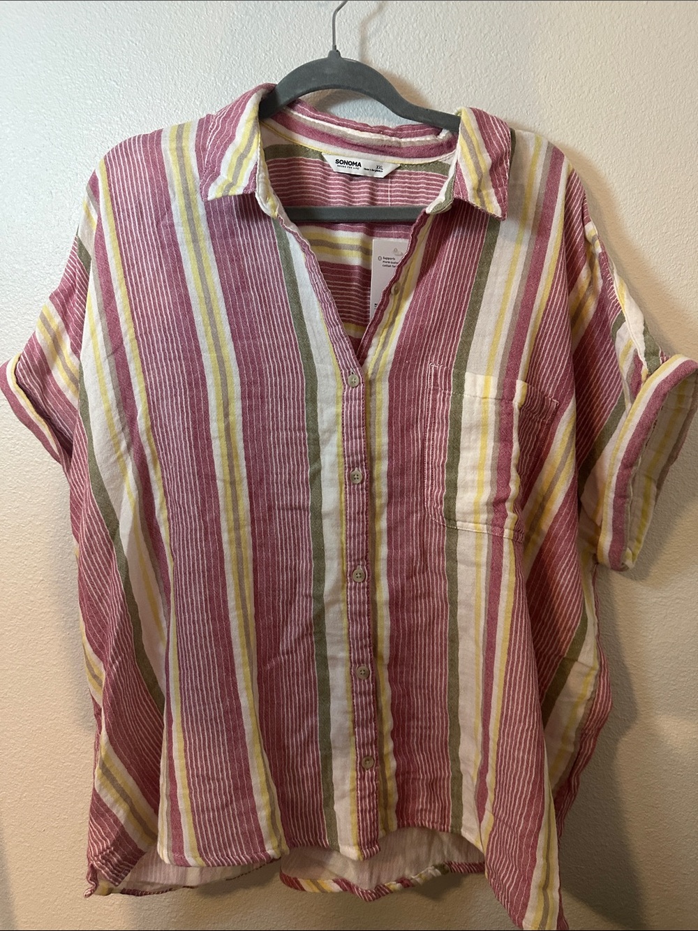 Sonoma Striped Button-Up Shirt in Rose, Sage & Cream